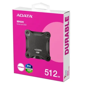 Paquete de SSD externo ADATA SD620 de 512 GB, diseño duradero y atractivo para gamers.