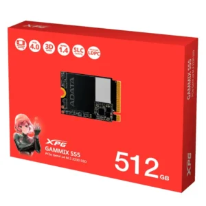 Envase del SSD ADATA XPG GAMMIX S55 de 512 GB, ideal para gamers y entusiastas.