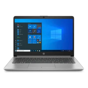 Laptop HP moderna con diseño minimalista y pantalla de Windows 10, ideal para productividad.